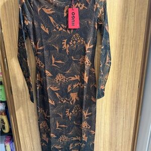 HUGO Women's Long Sleeve Black and Orange Dress